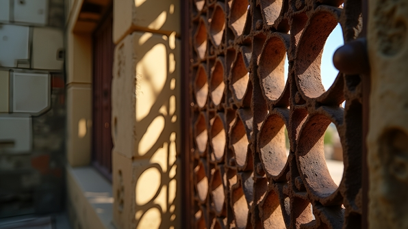 Close-up of a rustic brown metal window grill with intricate geometric patterns against a weathered wall in natural daylight