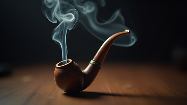 Close-up of rustic brown smoking pipe emitting gentle wisps of curling smoke