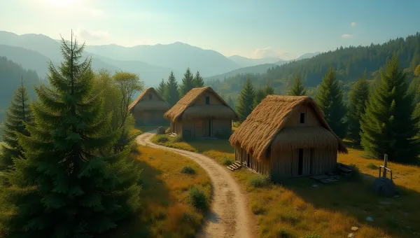 Rustic Brown Straw Houses In Lush Countryside