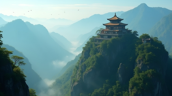 Rustic brown temple perched atop a misty mountain peak surrounded by lush green forests