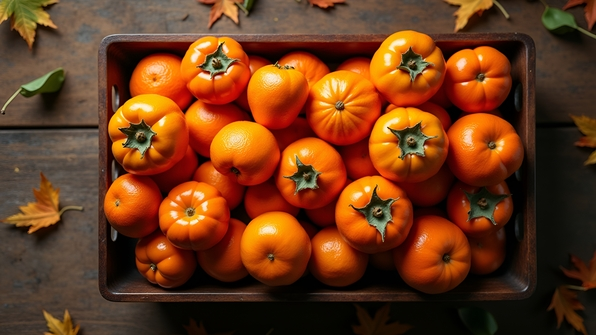 Rustic brown tray with orange fruits including oranges, tangerines, and persimmons on a wooden background