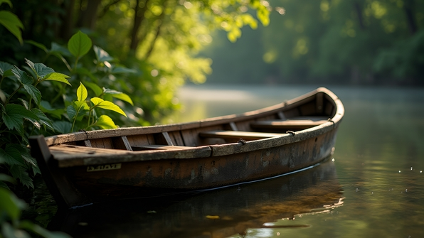 A rustic brown wooden boat resting beside lush green leafy plants along a calm riverside under soft natural daylight
