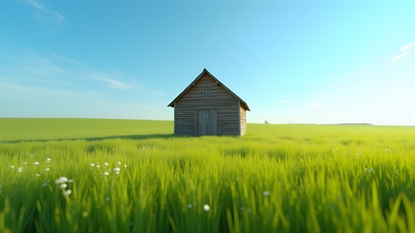 A rustic brown wooden shed standing alone in a vibrant green grass field under a clear blue sky