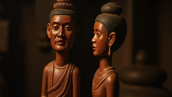 Pair of rustic brown wooden statues of a man and woman with traditional attire and expressive faces
