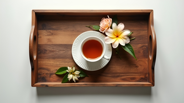 Rustic brown wooden tray with visible grain texture and sturdy handles