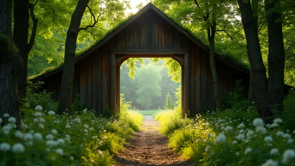 Rustic wooden arch nestled among lush green trees in a serene forest with soft natural lighting