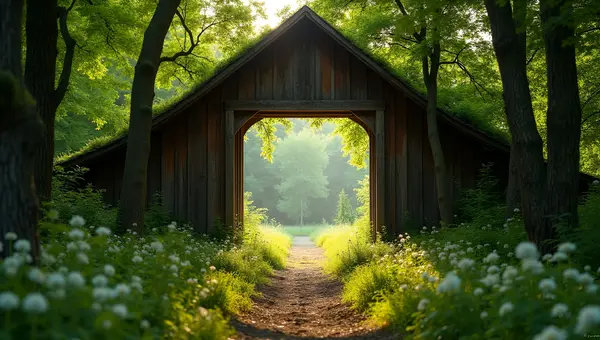 Rustic Wooden Arch in Lush Forest