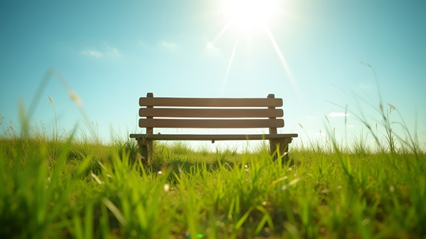 A rustic wooden bench on a vibrant green grass field under bright daytime sunlight and a clear blue sky
