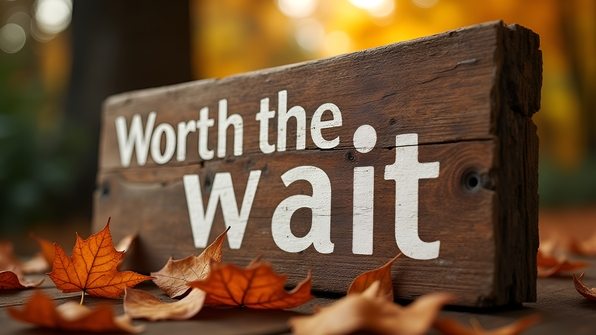 Rustic wooden board with a bold white Worth The Wait sign in vintage-style lettering and weathered texture