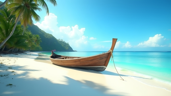 Rustic wooden boat resting on pristine white sand beach under clear blue sky with tropical greenery and gentle waves