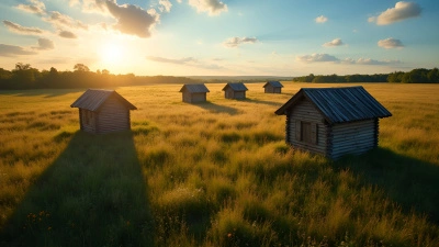 Rustic Wooden Cabins In Sunny Grassy Field