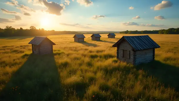 Rustic Wooden Cabins In Sunny Grassy Field
