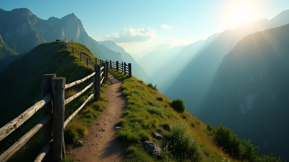 Rustic wooden fence winding along a scenic mountain ridge under a clear blue sky with lush green vegetation