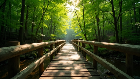 Rustic Wooden Footbridge Over Gentle Stream