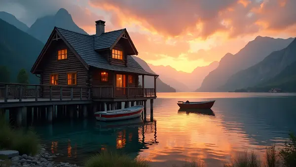 Rustic Wooden House On Stilts By Mountain Lake