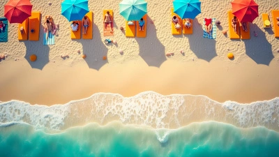Sandy Beach With Colorful Umbrellas And Ocean Waves