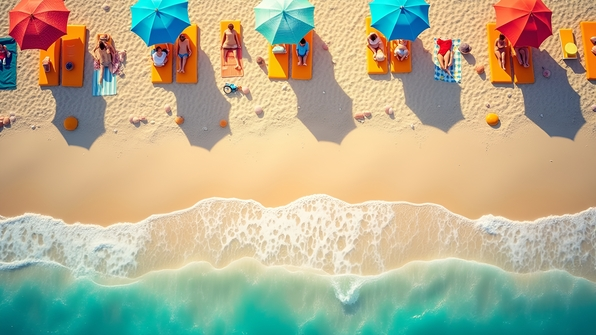 A vibrant top-down view of a sandy beach with colorful umbrellas and gentle ocean waves