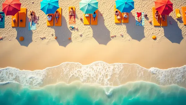 Sandy Beach With Colorful Umbrellas And Ocean Waves
