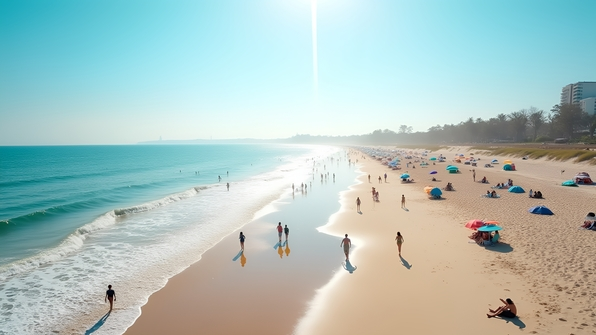 Aerial view of sandy shoreline with people walking and relaxing under beach umbrellas