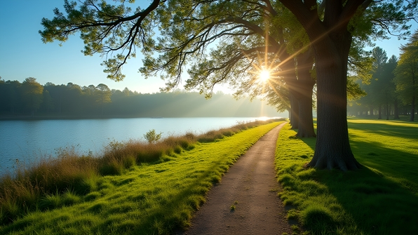 Scenic grassy pathway winding beside tall trees and a calm lake under bright daylight