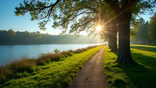Scenic Grassy Pathway Along Calm Lake