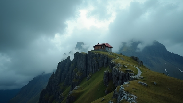 Scenic mountain house perched atop a rugged peak under a dramatic overcast sky with swirling gray clouds