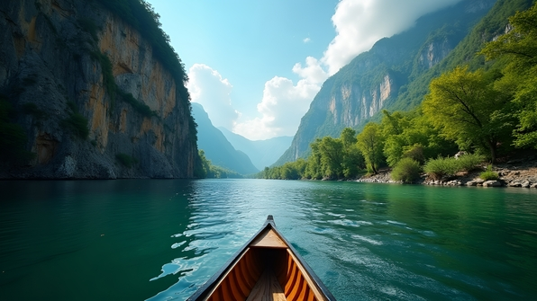 Scenic river flowing beside a towering cliff with lush greenery under a clear blue sky