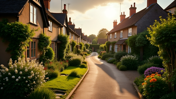 Scenic village of Pembury featuring charming cottages and blooming gardens under a bright blue sky