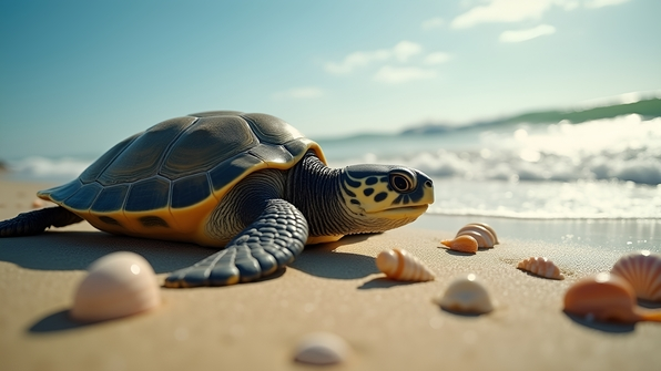 Close-up of a sea turtle crawling on sandy shore with sunlight highlighting its textured shell