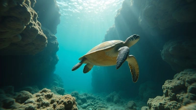 Sea Turtle Swimming Near Rock Formations Underwater