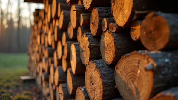 Stack of seasoned brown firewood logs neatly arranged outdoors with rough bark textures