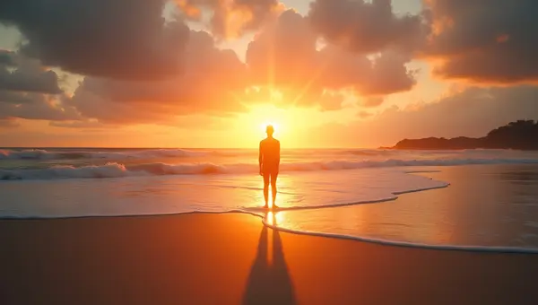 Serene Beach At Golden Hour With Lone Individual