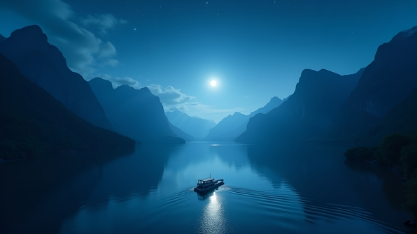 Serene boat floating on a calm lake with majestic mountains under a starry night sky