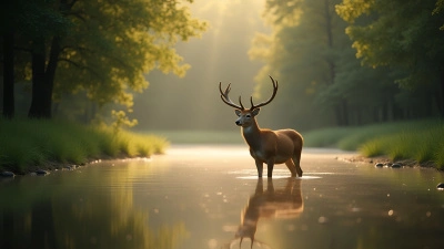 Serene Brown Deer On Reflective Water At Sunrise
