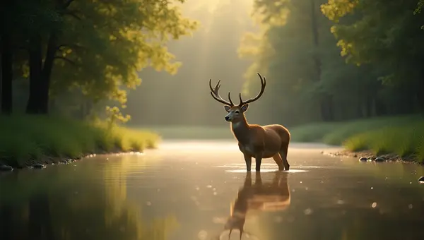 Serene Brown Deer On Reflective Water At Sunrise
