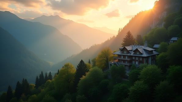 Serene Building Among Lush Trees And Mountains