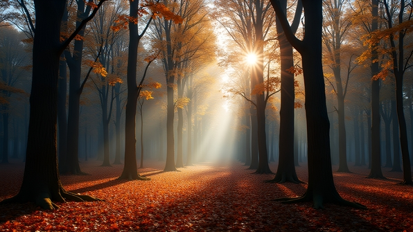 A serene forest with tall brown trees and autumn leaves scattered on the ground under soft natural sunlight and a clear blue sky