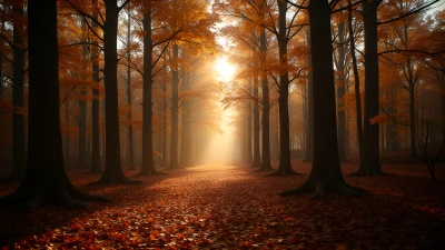 Serene Forest With Tall Trees And Brown Leaves