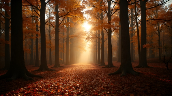 A serene forest with tall trees and brown leaves gently swaying under soft sunlight on a calm autumn day