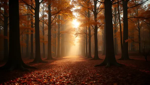 Serene Forest With Tall Trees And Brown Leaves