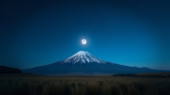 A serene grassy field under a clear starry night sky with a snow-covered mountain in the background