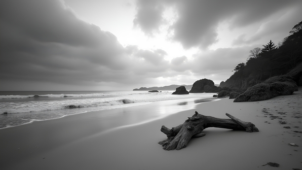 A serene grayscale sandy seashore with gentle waves and textured rocks under a cloudy sky