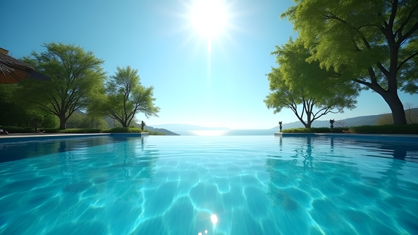 Serene infinity pool glistening under bright daylight surrounded by lush green trees and clear blue sky