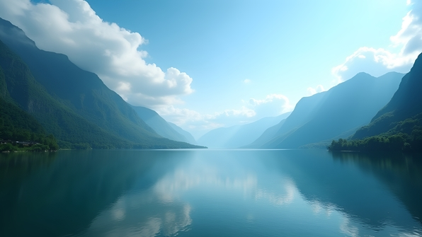 Serene lake nestled among lush green mountains under a clear blue sky with clouds reflecting on calm water