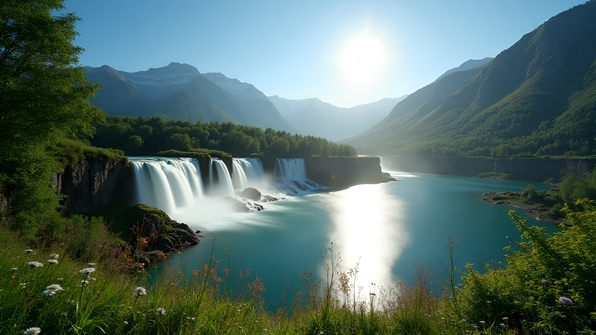 Long-exposure daytime photo of a serene lake with a smooth, flowing waterfall surrounded by lush greenery under a clear blue sky
