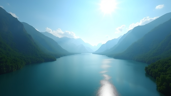 Serene lake with green trees and towering mountains under a clear blue sky reflecting sunlight on the water surface