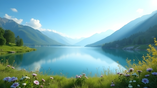 Serene lake reflecting clear blue sky and gentle green hills under soft daylight