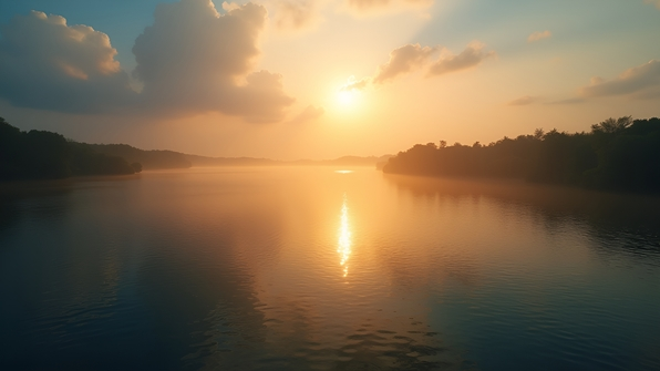 Serene lake reflecting golden hour light with gentle ripples and lush trees under a glowing sky