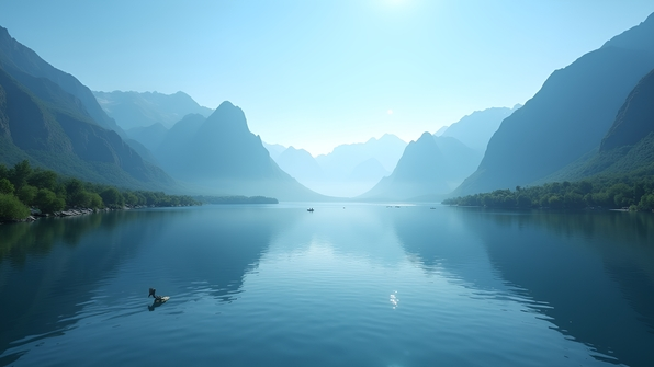 Serene lake reflecting towering mountains under a clear blue sky with scattered white clouds surrounded by lush green trees and vibrant wildflowers