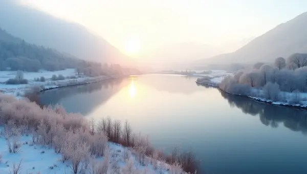 Serene Lake With Snow-Covered Grass And Frosted Trees